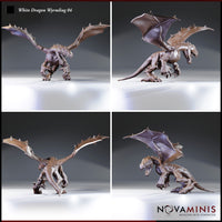 Digital render of the White Dragon Wyrmling 04 miniature by Novaminis — four-angle turnaround showing front, right side, rear three-quarter, and left three-quarter views. The open-winged, snarling pose is visible from all angles, highlighting the leathery wing membrane detail, muscular torso, and long tail. Unpainted grey resin render at 32mm scale.
