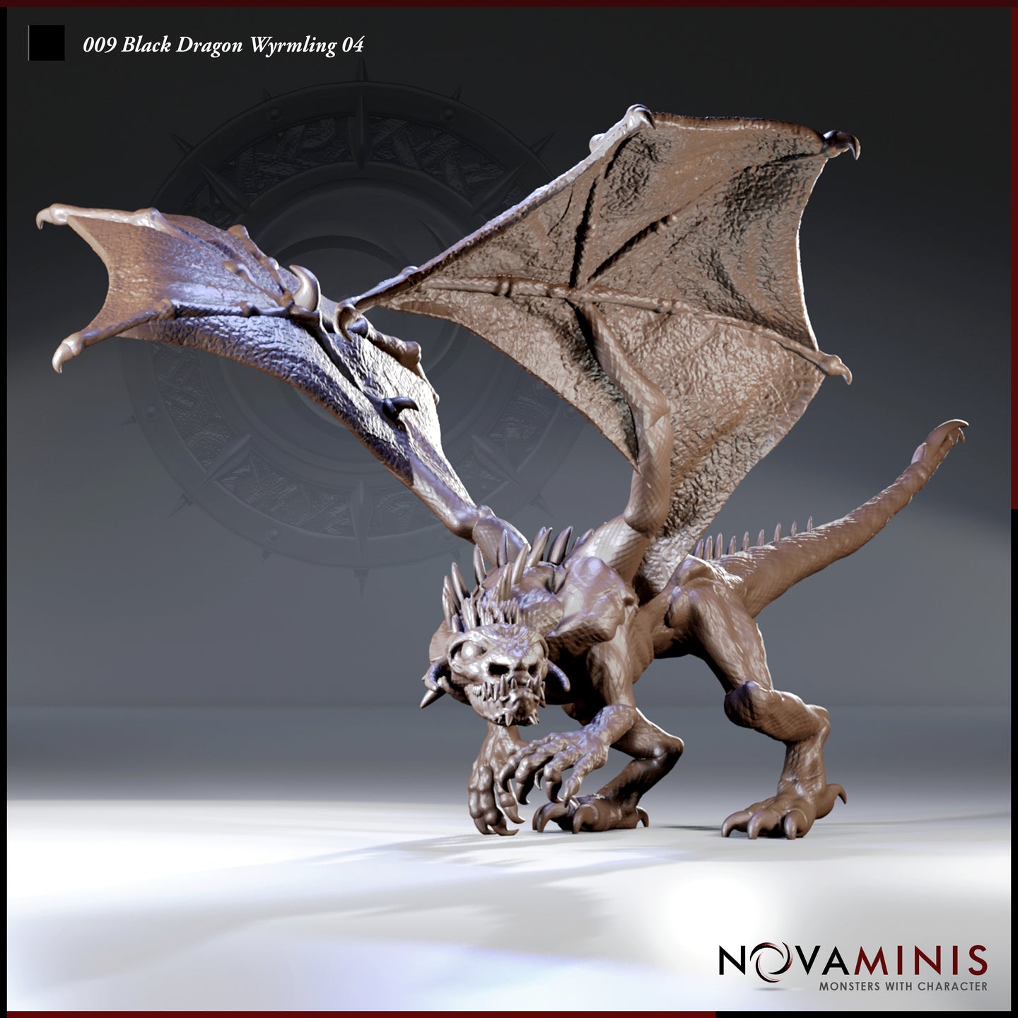 Digital render of the Black Dragon Wyrmling 04 miniature by Novaminis, shown in unpainted brown resin finish. The wyrmling crouches aggressively on a plain surface, wings spread wide and raised, claws splayed forward, and skull-like snarling face lowered toward the viewer. The spined tail curves out behind and the skeletal horn crown is clearly visible.