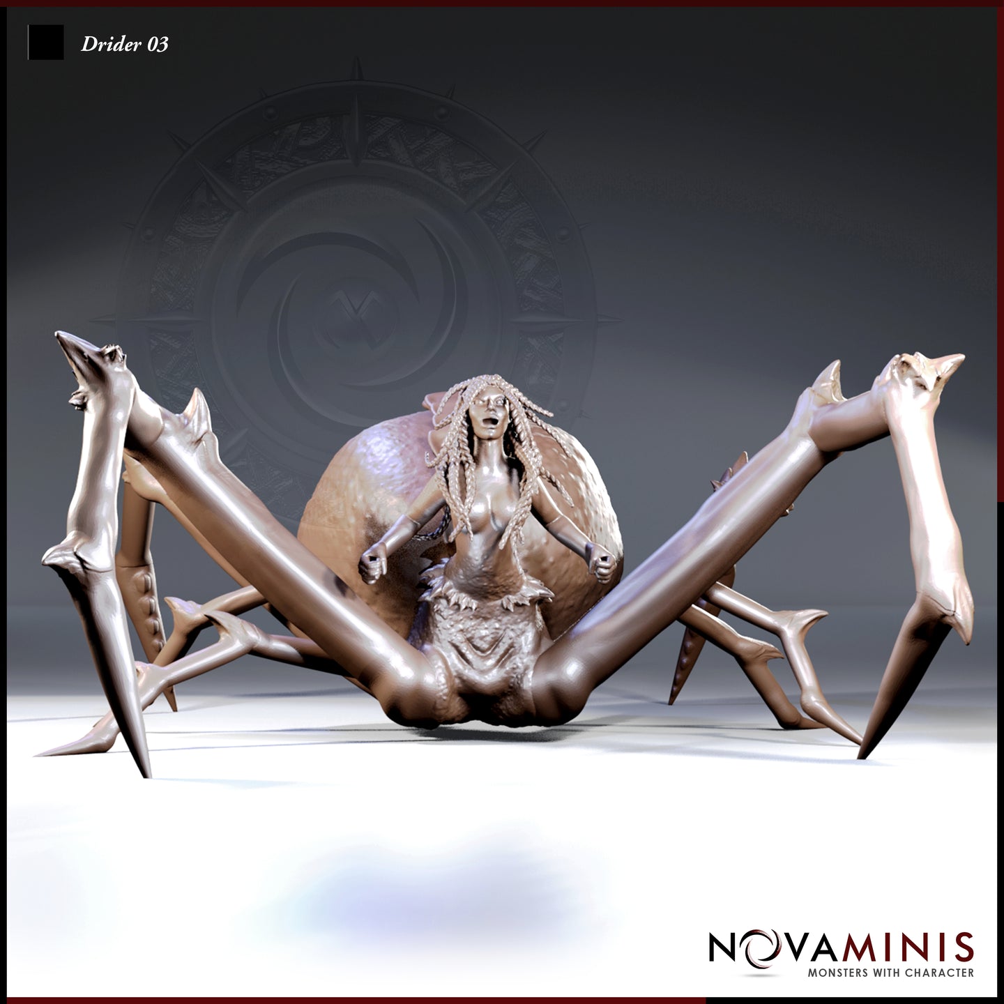 Front-facing digital render of Drider 03 by Novaminis — a drow woman with braided hair fused to a large spider body, arms spread wide and mouth open in a cry, eight barbed legs splayed low, unpainted resin clay render