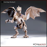 Digital render of the Green Dragon Wyrmling 04 miniature by Novaminis — the wyrmling stands upright on its hind legs with wings spread wide, jaws open in a snarl, and one clawed foreleg raised aggressively. Detailed scale texturing covers the body and tail, with prominent spines along the skull. Unpainted grey resin render on a neutral background.