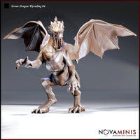 Digital render of the Green Dragon Wyrmling 04 miniature by Novaminis — the wyrmling stands upright on its hind legs with wings spread wide, jaws open in a snarl, and one clawed foreleg raised aggressively. Detailed scale texturing covers the body and tail, with prominent spines along the skull. Unpainted grey resin render on a neutral background.