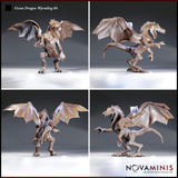 Four-angle digital render of the Green Dragon Wyrmling 04 by Novaminis showing front, side, rear, and three-quarter views. The rearing bipedal pose with fully extended wings, open jaws, and raised claw is visible from all angles, revealing the detailed wing membrane veining, muscular chest, and long scaled tail. Unpainted resin render.