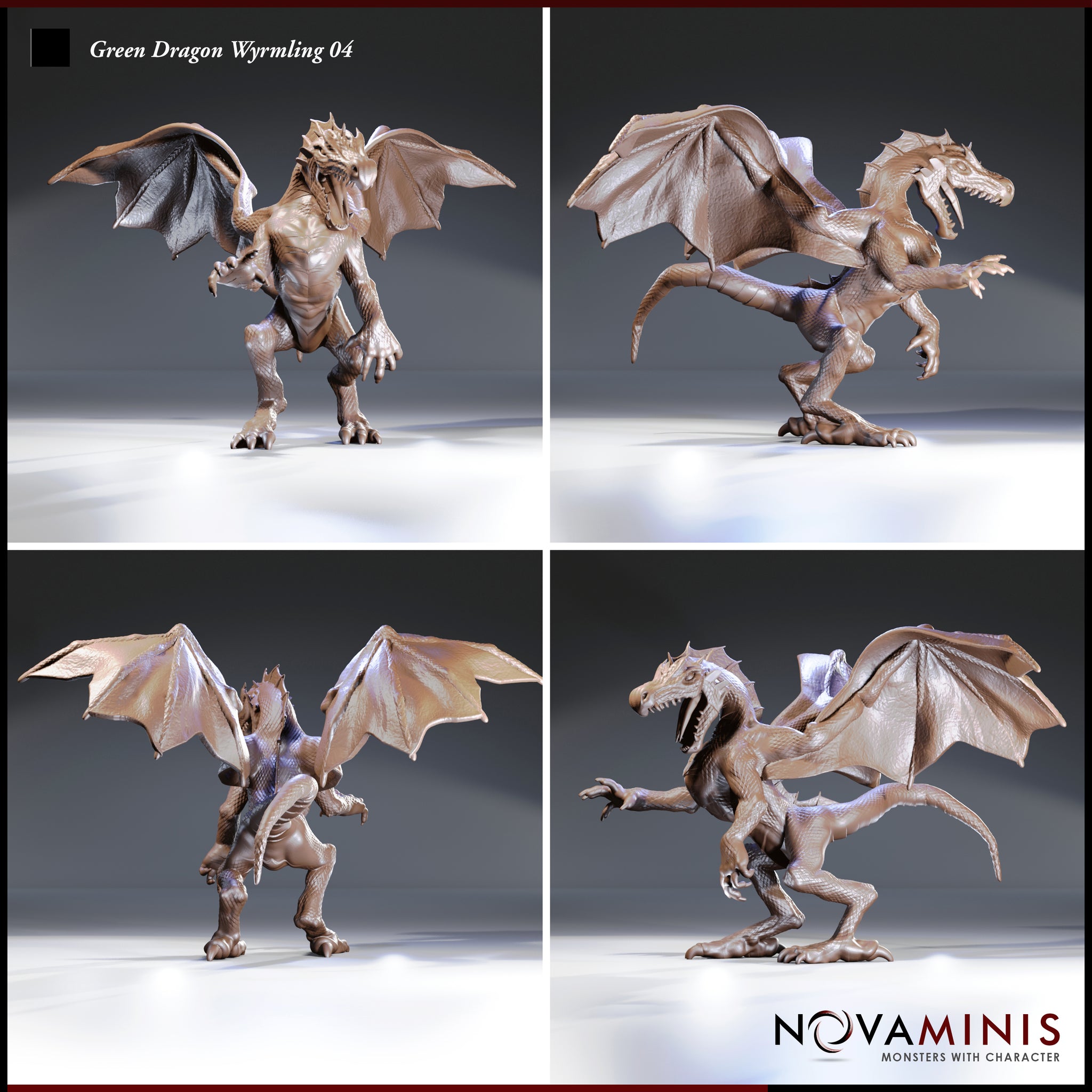 Four-angle digital render of the Green Dragon Wyrmling 04 by Novaminis showing front, side, rear, and three-quarter views. The rearing bipedal pose with fully extended wings, open jaws, and raised claw is visible from all angles, revealing the detailed wing membrane veining, muscular chest, and long scaled tail. Unpainted resin render.