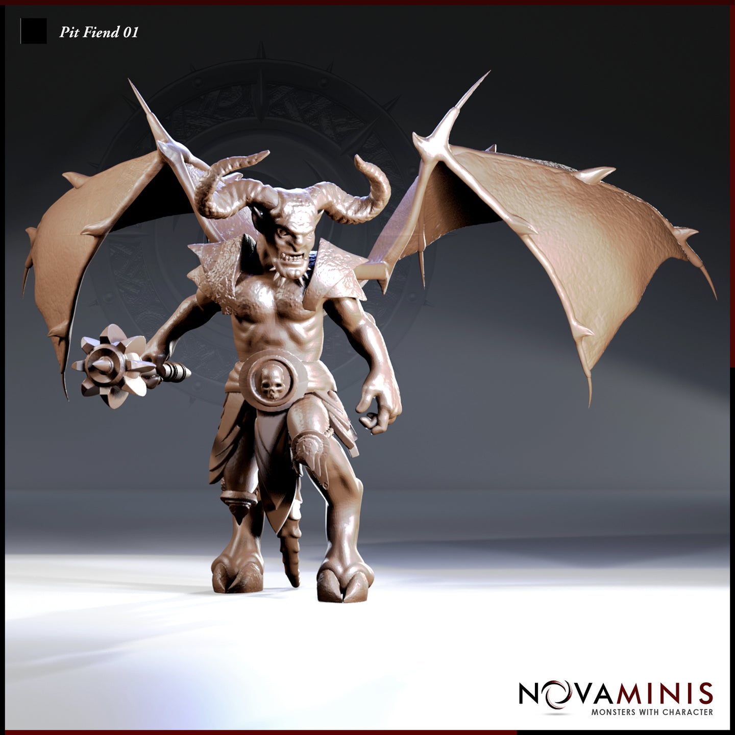 Front-facing digital render of the Pit Fiend 01 miniature by Novaminis — an unpainted resin-coloured large devil with broad leathery wings fully spread, curved ram's horns, snarling expression, spiked mace in right hand, skull belt buckle, segmented leg armour, and cloven hooves, shown at 32mm scale
