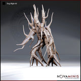 Digital render of Twig Blight 03 by Novaminis — a gnarled, bark-skinned plant creature with upswept thorns, twisting root-legs, and a sunken hollow face set into its torso, shown from a front-angled view against a grey gradient background