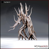Digital render of Twig Blight 03 by Novaminis — a gnarled, bark-skinned plant creature with upswept thorns, twisting root-legs, and a sunken hollow face set into its torso, shown from a front-angled view against a grey gradient background