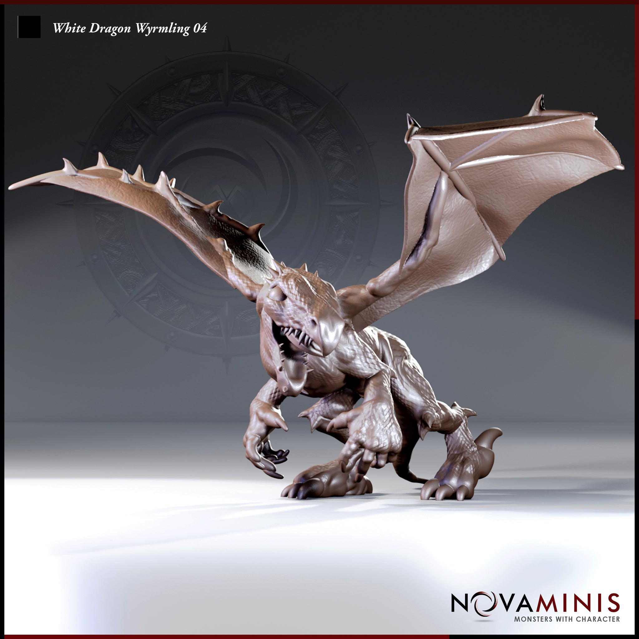 Digital render of the White Dragon Wyrmling 04 miniature by Novaminis — front three-quarter view showing the wyrmling in an aggressive crouched stance, wings spread wide, jaws open with visible teeth, claws braced on the ground, dorsal spines running along the neck and back. Unpainted grey resin render at 32mm scale.