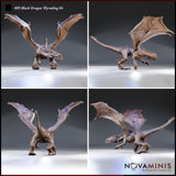 Four-angle digital render of the Black Dragon Wyrmling 04 miniature by Novaminis in unpainted brown resin finish. Clockwise from top left: front three-quarter view with wings raised and face snarling; rear three-quarter view showing spined tail ridge and wing membrane detail; low side view with head turned outward and jaws open; rear view with wings arched upward and claws gripping the ground.