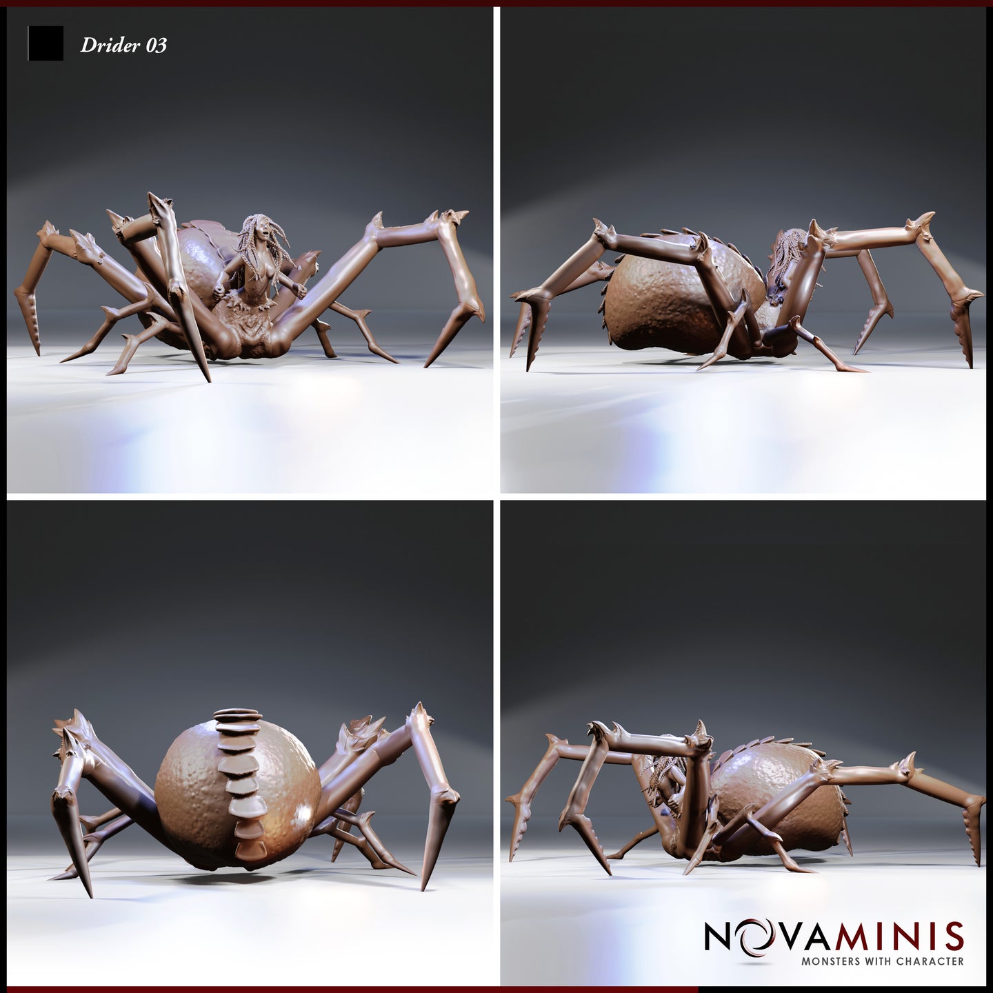 Four-angle digital render of Drider 03 by Novaminis showing front, rear, and both side views — large arachnid body with segmented abdomen, heavily spined legs, and expressive drow upper half, unpainted resin clay render
