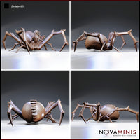 Four-angle digital render of Drider 03 by Novaminis showing front, rear, and both side views — large arachnid body with segmented abdomen, heavily spined legs, and expressive drow upper half, unpainted resin clay render