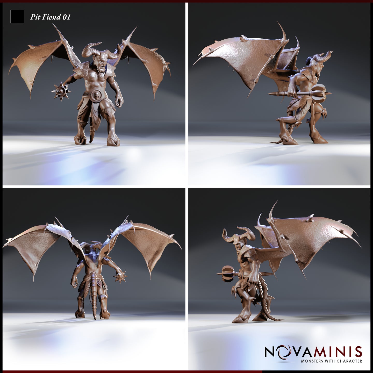 Four-angle digital render sheet of the Novaminis Pit Fiend 01 miniature showing front, side, rear, and three-quarter views — displaying the full wingspan, spiked mace, skull buckle belt, layered leg armour, and barbed wing tips. Unpainted grey render.