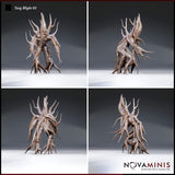 Four-angle digital render of Twig Blight 03 by Novaminis showing front, rear, and both side views of the corrupted forest creature, highlighting its tangled limb structure, thorned crown, and multi-directional root-leg silhouette