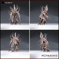 Four-angle digital render of Twig Blight 03 by Novaminis showing front, rear, and both side views of the corrupted forest creature, highlighting its tangled limb structure, thorned crown, and multi-directional root-leg silhouette