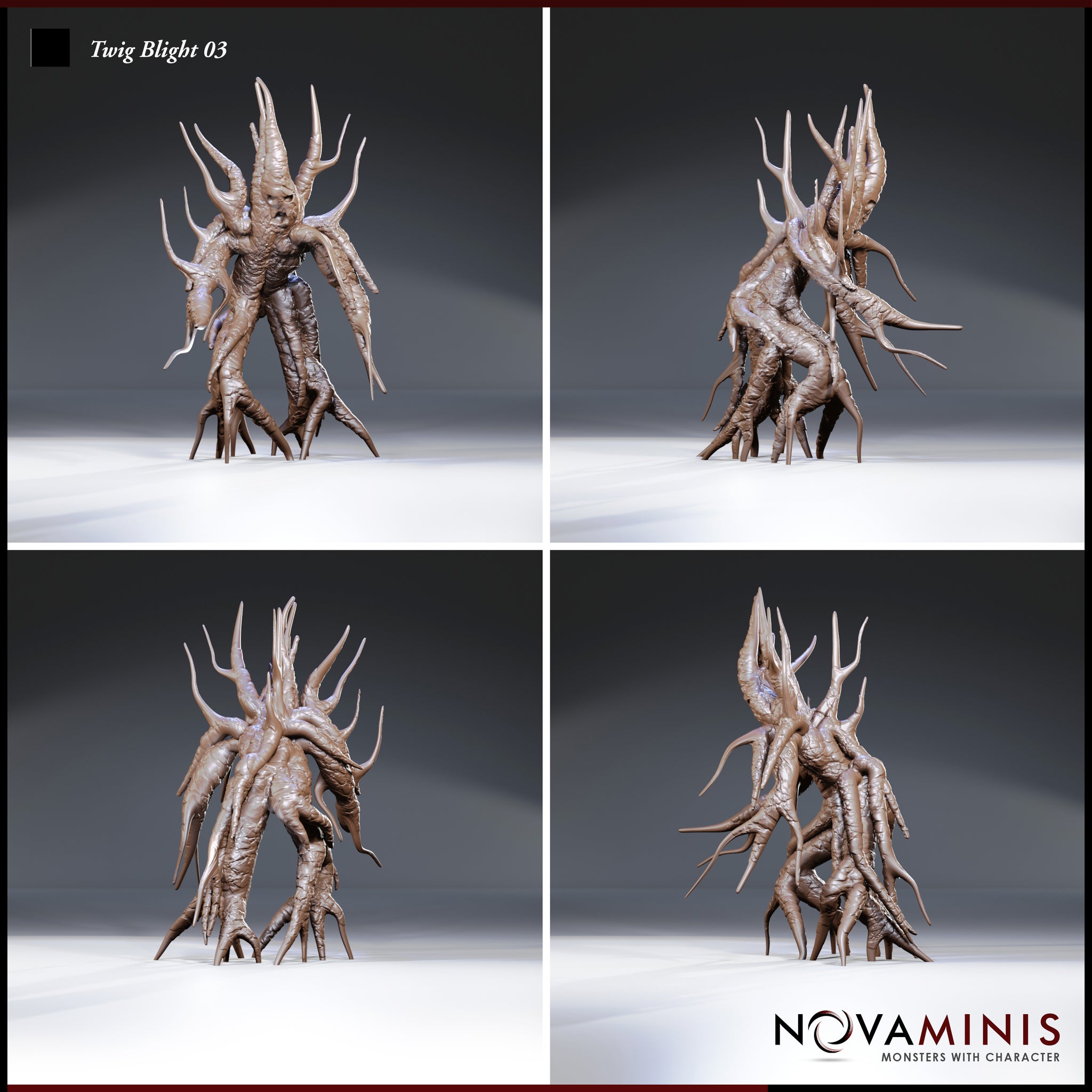 Four-angle digital render of Twig Blight 03 by Novaminis showing front, rear, and both side views of the corrupted forest creature, highlighting its tangled limb structure, thorned crown, and multi-directional root-leg silhouette
