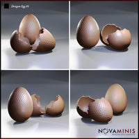 Four-angle digital render of the Novaminis Dragon Egg 01 miniatures showing the intact scaled egg and the broken hatched egg from multiple perspectives, highlighting the detailed diamond-scale texture and ragged cracked edges