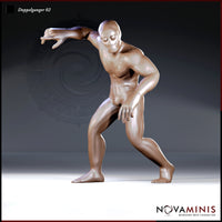 Digital render of Doppelganger 02 miniature by Novaminis — a featureless humanoid figure in a wide, coiled combat stance with one clawed hand thrust forward and blank vestigial eye sockets, shown in warm clay render against a dark background