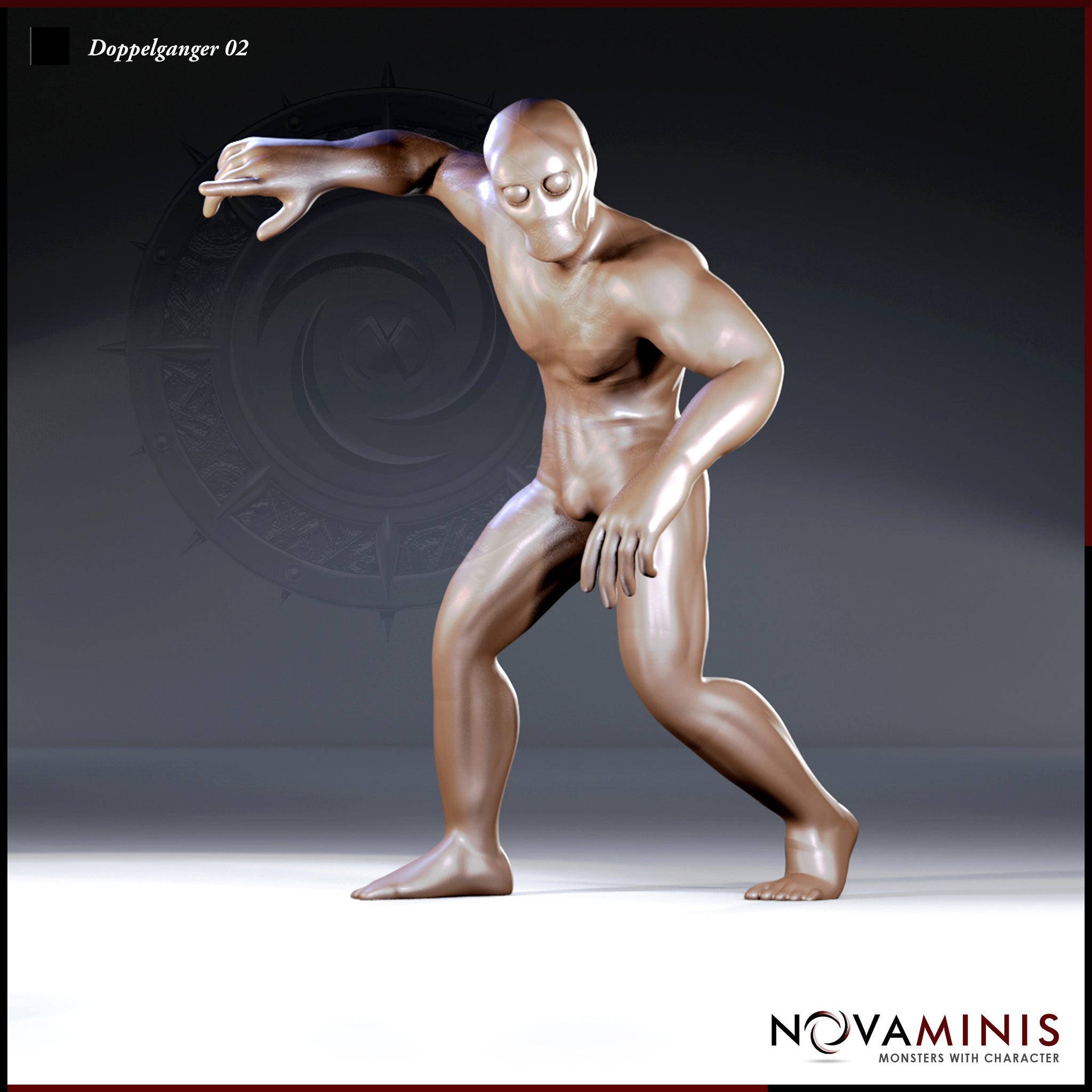 Digital render of Doppelganger 02 miniature by Novaminis — a featureless humanoid figure in a wide, coiled combat stance with one clawed hand thrust forward and blank vestigial eye sockets, shown in warm clay render against a dark background