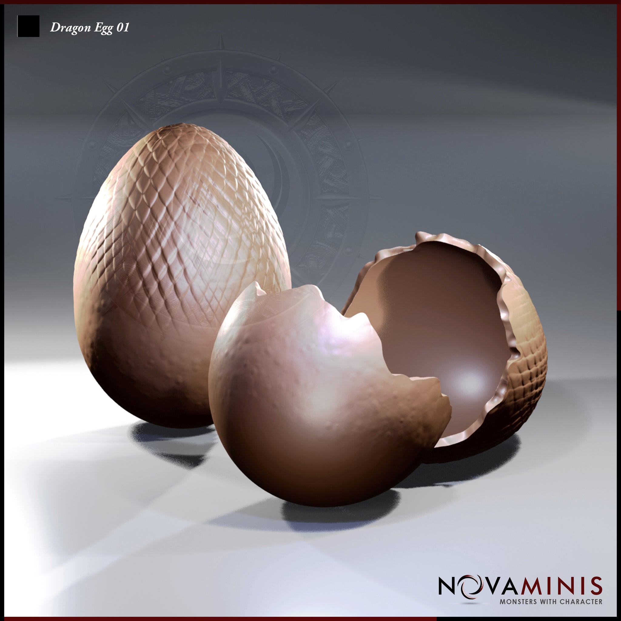 Digital render of two dragon egg miniatures by Novaminis — one intact egg with a raised diamond-scale texture, and one cracked open egg split into three jagged shell pieces, shown against a grey gradient background