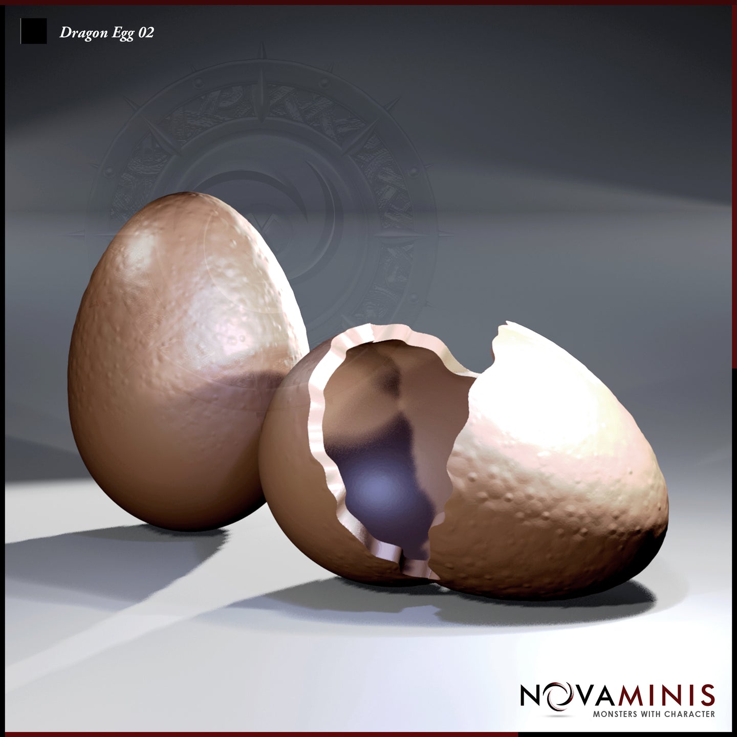 Digital render of Dragon Eggs 02 by Novaminis — one intact textured dragon egg and one cracked open hatching egg with jagged shell edges and a dark hollow interior, viewed from a close front angle