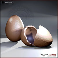 Digital render of Dragon Eggs 02 by Novaminis — one intact textured dragon egg and one cracked open hatching egg with jagged shell edges and a dark hollow interior, viewed from a close front angle