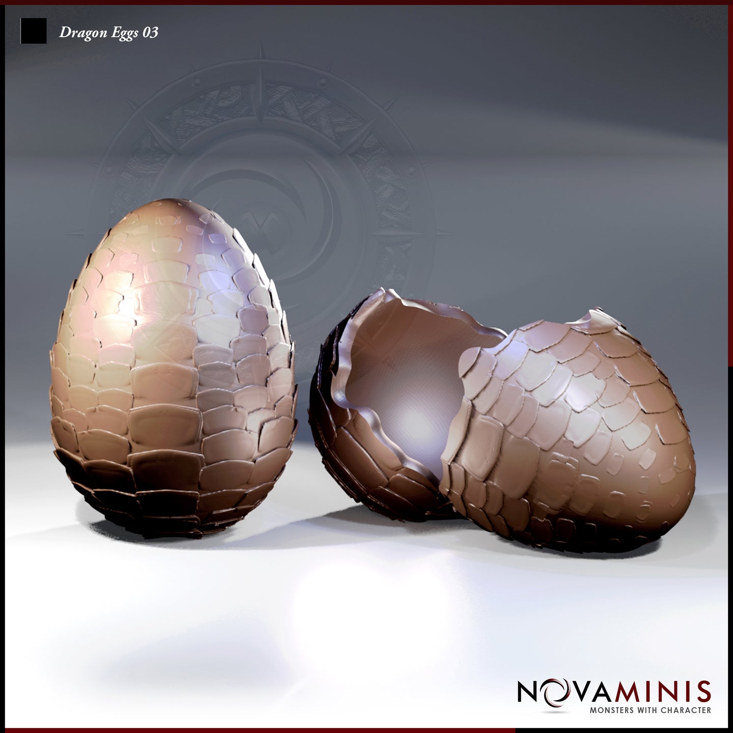 Digital render of Dragon Eggs 03 by Novaminis — two resin dragon egg terrain pieces, one whole and upright with overlapping scales, one cracked open with a jagged broken shell rim and hollow interior visible, shown against a neutral grey background