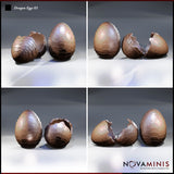 Four-angle digital render of Dragon Eggs 03 by Novaminis showing the whole scaly dragon egg and the cracked open hatching egg from multiple viewpoints, highlighting the detailed overlapping scale texture and broken shell edge