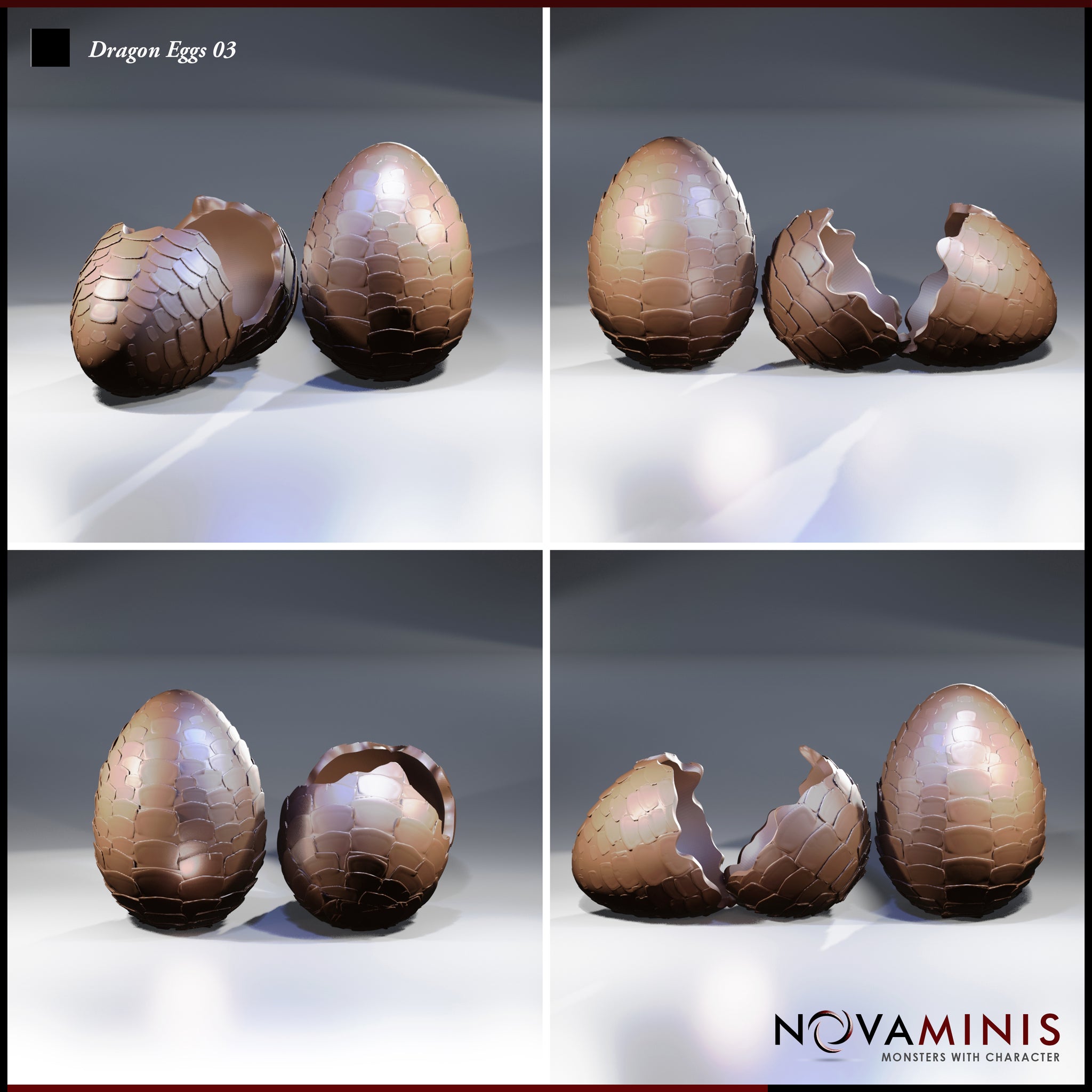 Four-angle digital render of Dragon Eggs 03 by Novaminis showing the whole scaly dragon egg and the cracked open hatching egg from multiple viewpoints, highlighting the detailed overlapping scale texture and broken shell edge