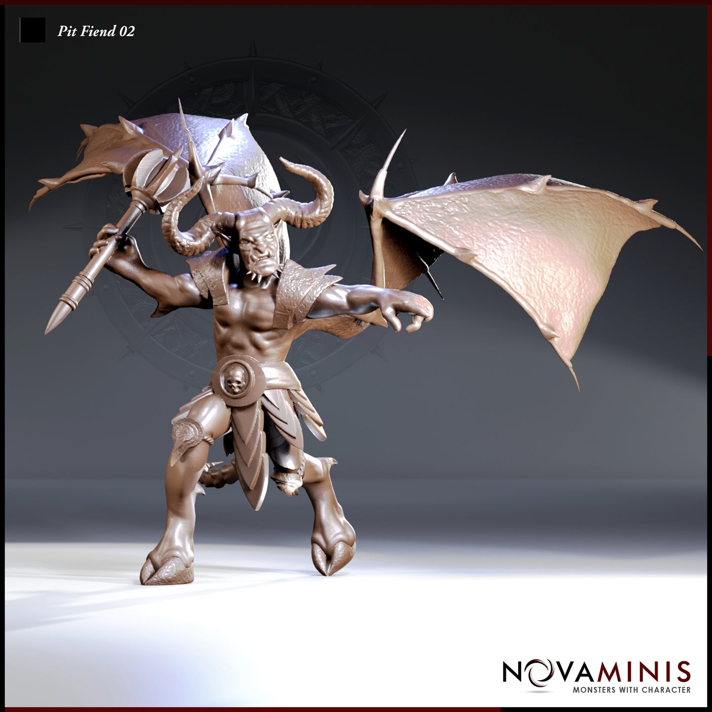 Digital render of Pit Fiend 02 miniature by Novaminis — unpainted resin-coloured sculpt of a winged devil advancing with a spiked polearm raised, bull horns, leathery wings spread wide, snarling fanged expression, skull waist plate, and scaled armoured greaves, viewed from the front at a three-quarter angle