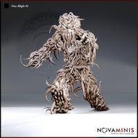 Digital render of the Vine Blight 01 miniature by Novaminis — a large unpainted humanoid creature composed entirely of writhing vines, gnarled roots, and barbed thorns, with decayed blossoms on its torso and splayed clawed hands, shown in a dynamic lunging pose against a neutral grey background