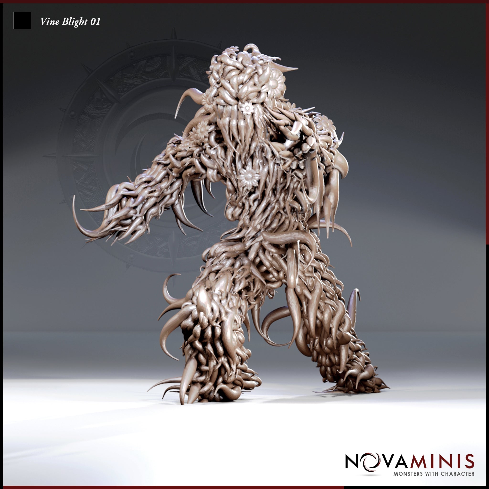 Digital render of the Vine Blight 01 miniature by Novaminis — a large unpainted humanoid creature composed entirely of writhing vines, gnarled roots, and barbed thorns, with decayed blossoms on its torso and splayed clawed hands, shown in a dynamic lunging pose against a neutral grey background