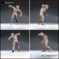 Four-angle digital render of Doppelganger 02 by Novaminis — front, side, rear, and three-quarter views showing the coiled threatening pose, smooth alien musculature, blank face, and outstretched clawed hand of the shapeshifter miniature