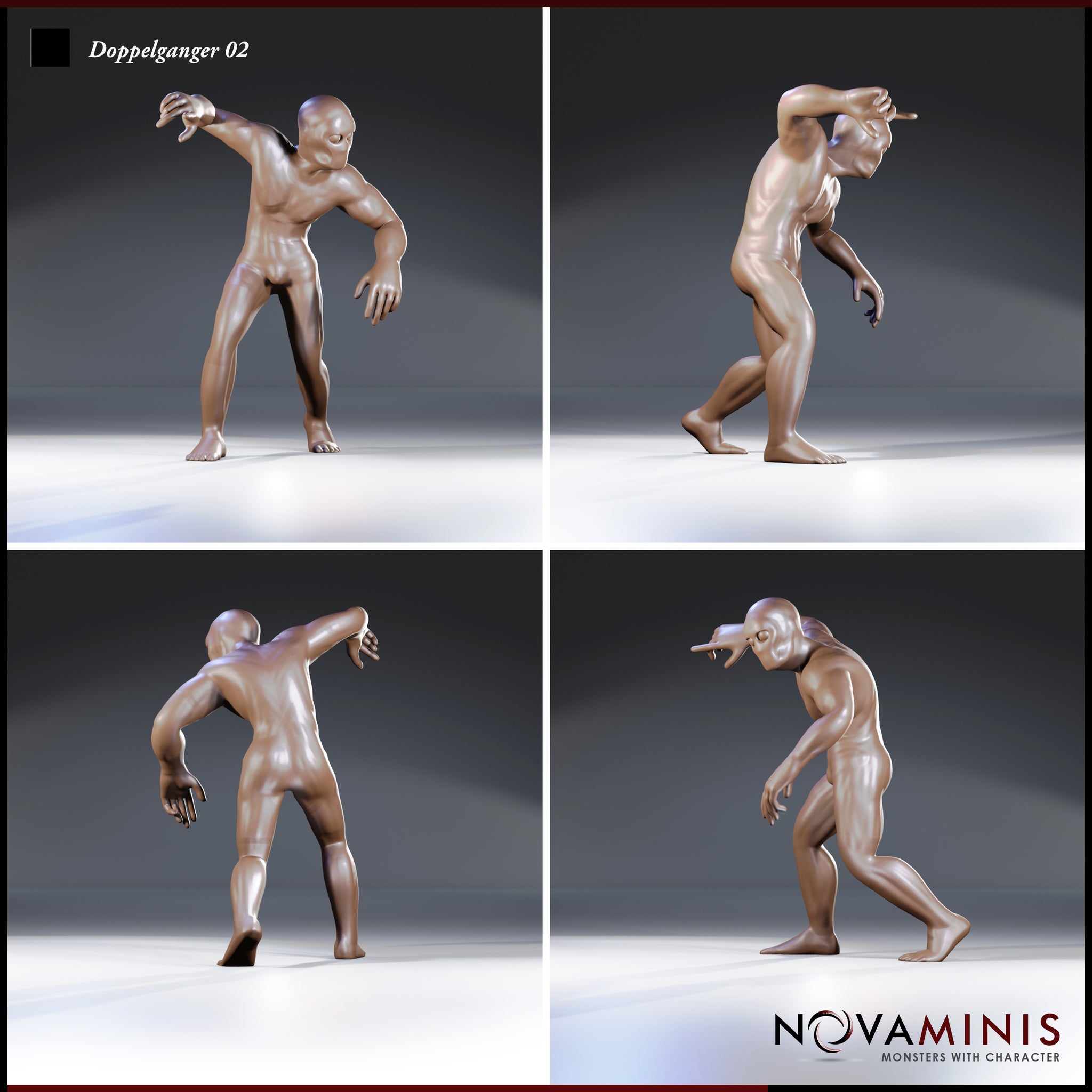 Four-angle digital render of Doppelganger 02 by Novaminis — front, side, rear, and three-quarter views showing the coiled threatening pose, smooth alien musculature, blank face, and outstretched clawed hand of the shapeshifter miniature
