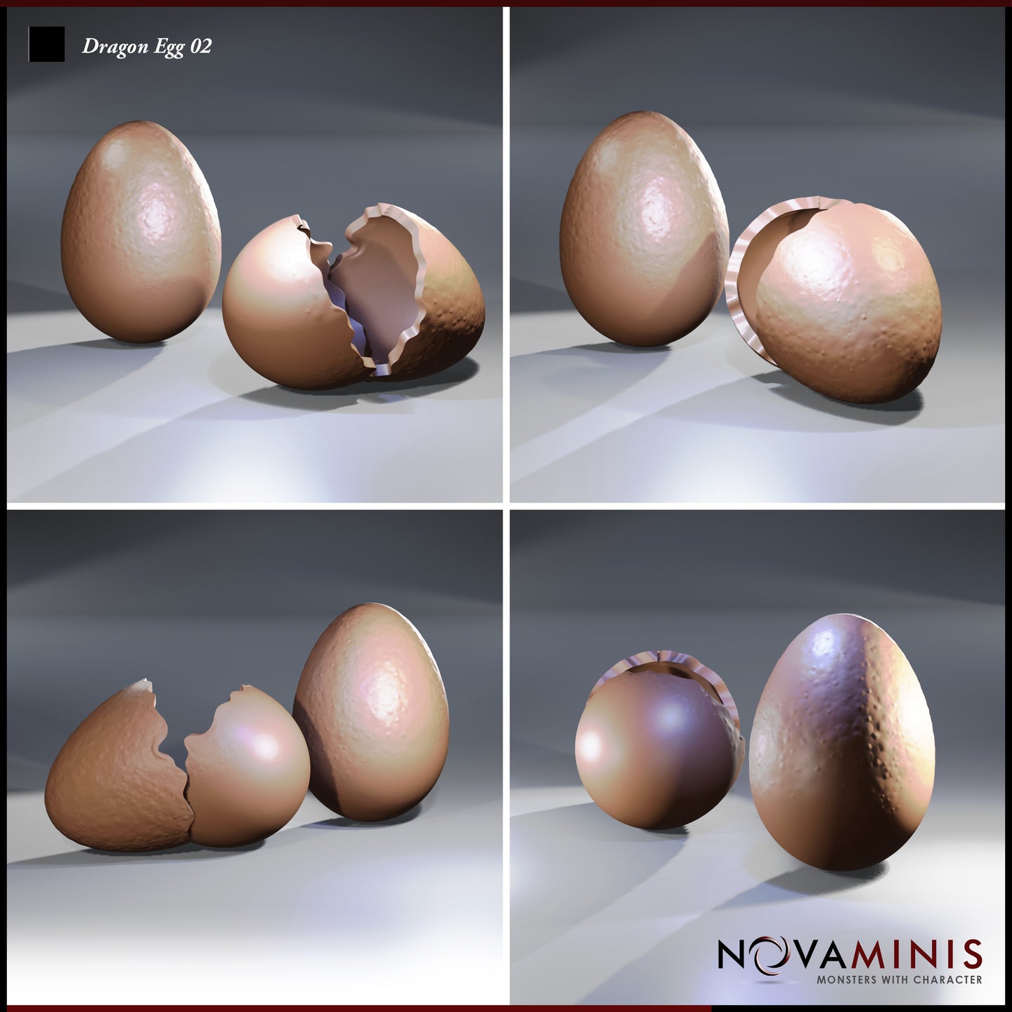 Digital render of Dragon Eggs 02 by Novaminis showing four angles of the two dragon egg scatter terrain pieces — one whole egg and one cracked hatching egg, displaying the pitted shell texture and broken interior detail from multiple viewpoints