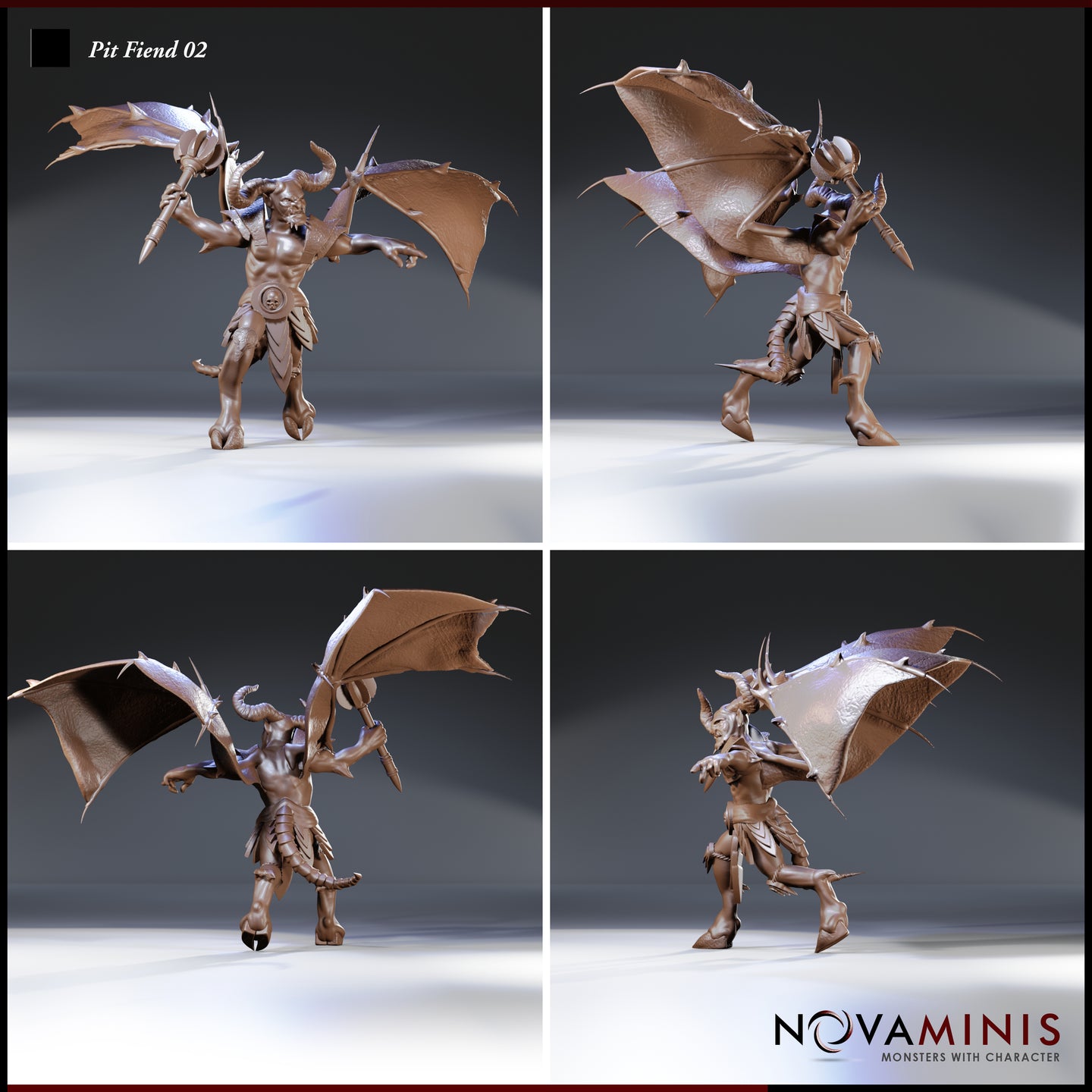 Four-angle digital render of Pit Fiend 02 miniature by Novaminis showing front, side, rear, and three-quarter views of an unpainted winged devil sculpt with bull horns, spiked polearm, outstretched claw, leathery wings, skull-adorned armour, and scaled leg armour at 32mm scale