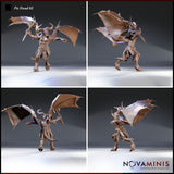 Four-angle digital render of Pit Fiend 02 miniature by Novaminis showing front, side, rear, and three-quarter views of an unpainted winged devil sculpt with bull horns, spiked polearm, outstretched claw, leathery wings, skull-adorned armour, and scaled leg armour at 32mm scale