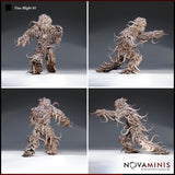 Four-angle digital render turnaround of the Vine Blight 01 miniature by Novaminis — front, side, rear, and three-quarter views showing the dense overlapping vine and thorn detail across the unpainted sculpt, including the crouching lunge pose and broad clawed limbs