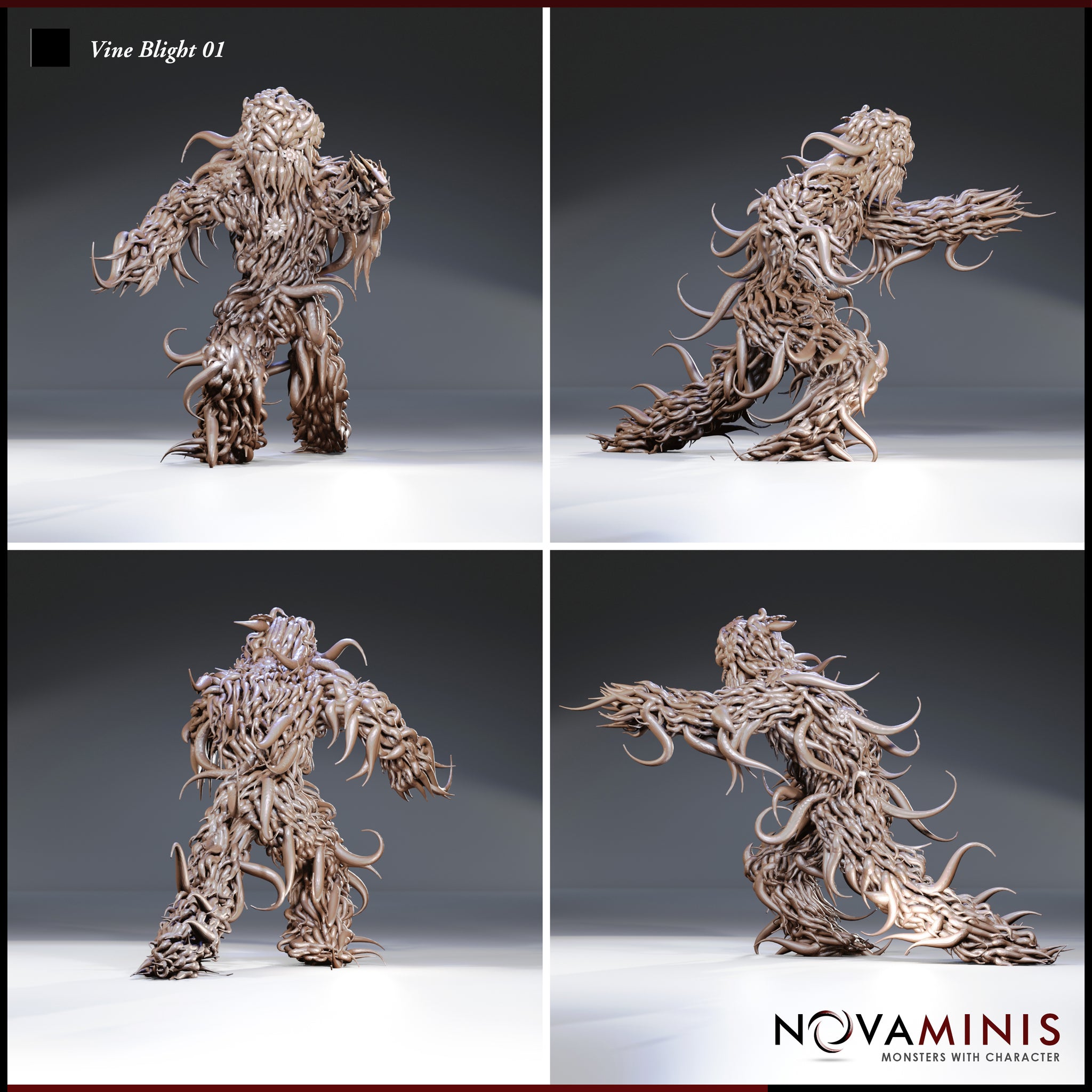 Four-angle digital render turnaround of the Vine Blight 01 miniature by Novaminis — front, side, rear, and three-quarter views showing the dense overlapping vine and thorn detail across the unpainted sculpt, including the crouching lunge pose and broad clawed limbs
