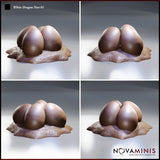 Four-angle digital render of the White Dragon Nest 01 miniature by Novaminis, showing the same clutch of three scale-textured dragon eggs on a rocky base from the front, side, rear-left, and rear-right perspectives. Each view highlights the egg texture detail and the irregular organic shape of the stone base.