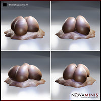 Four-angle digital render of the White Dragon Nest 01 miniature by Novaminis, showing the same clutch of three scale-textured dragon eggs on a rocky base from the front, side, rear-left, and rear-right perspectives. Each view highlights the egg texture detail and the irregular organic shape of the stone base.