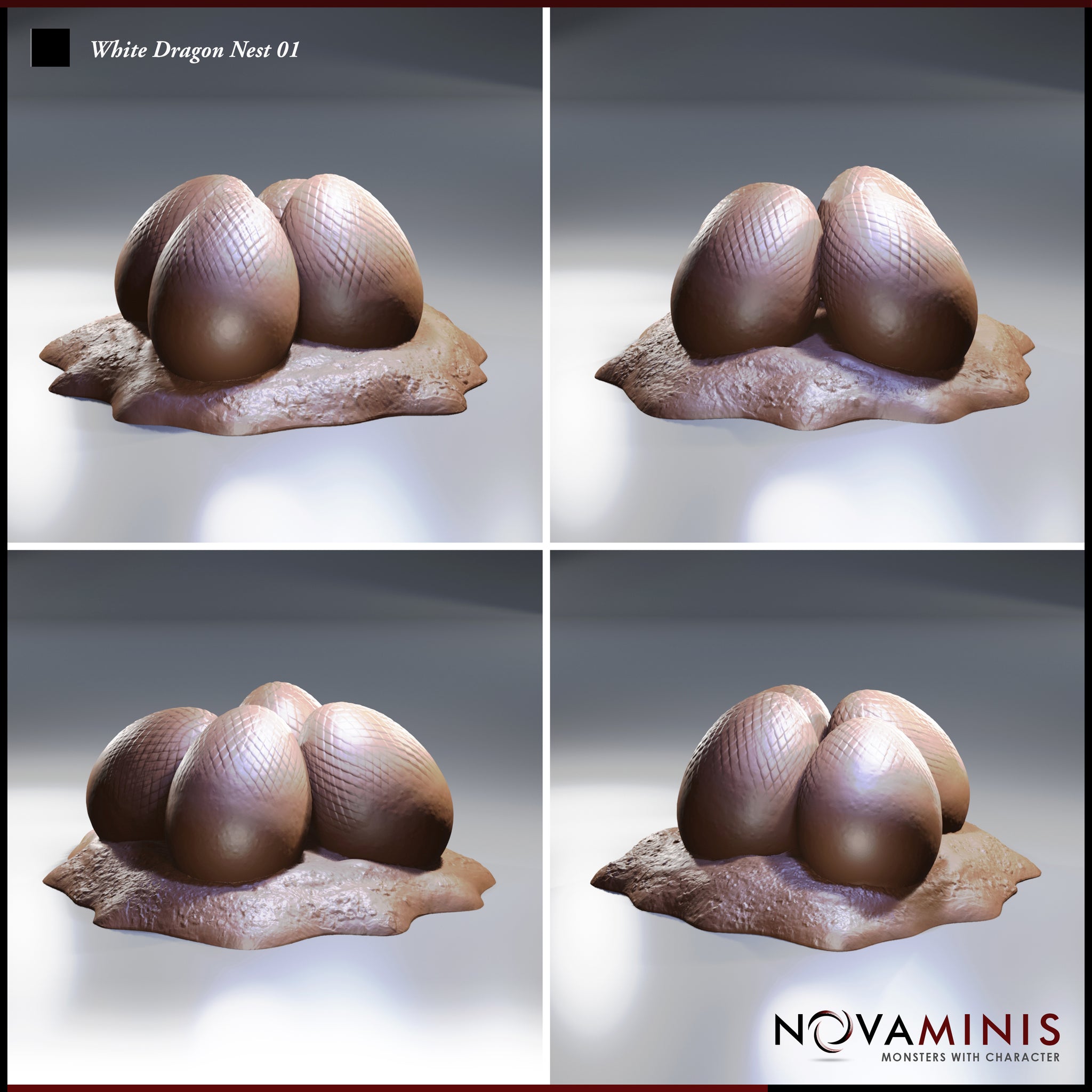 Four-angle digital render of the White Dragon Nest 01 miniature by Novaminis, showing the same clutch of three scale-textured dragon eggs on a rocky base from the front, side, rear-left, and rear-right perspectives. Each view highlights the egg texture detail and the irregular organic shape of the stone base.