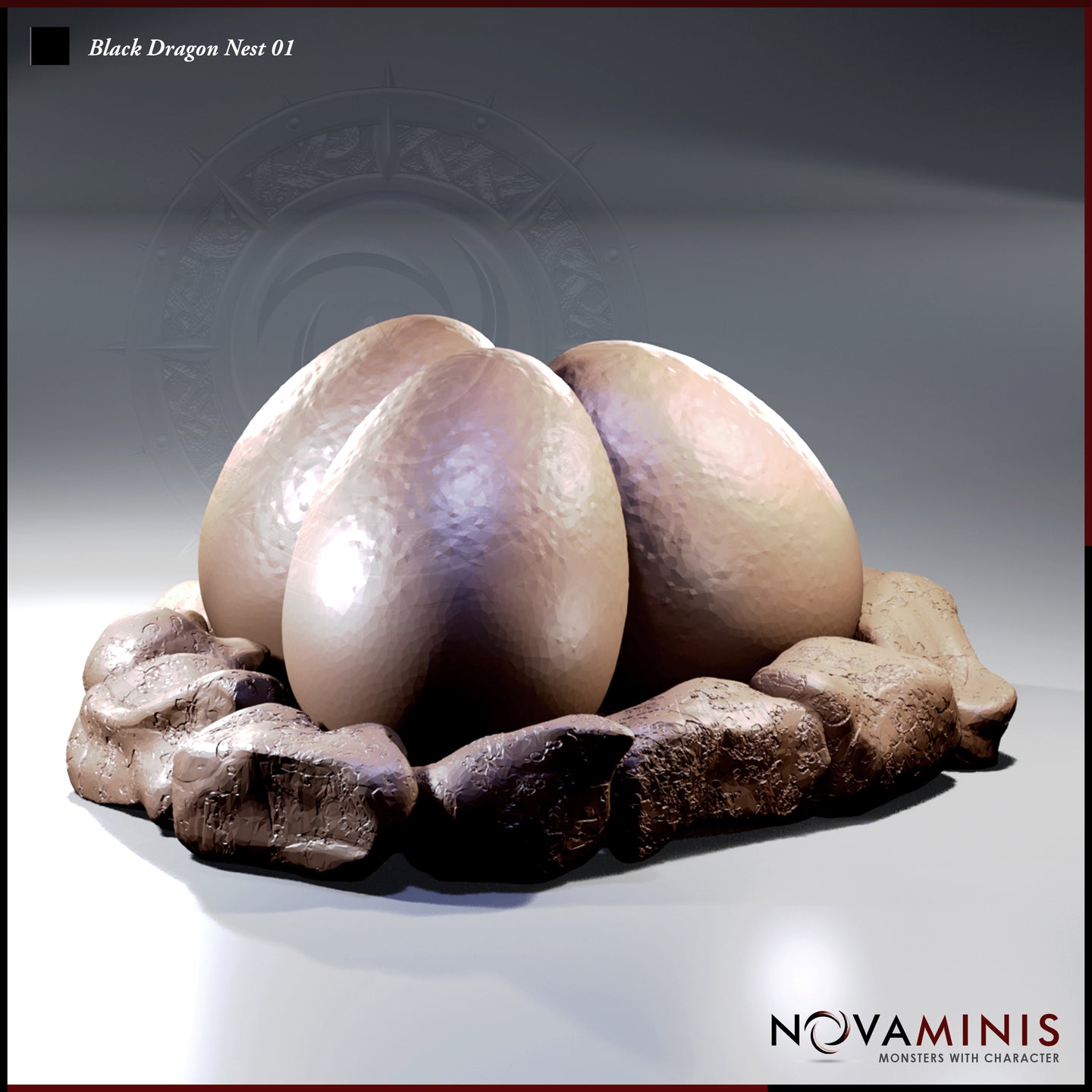 Digital render of a Black Dragon Nest miniature by Novaminis, showing three large pearlescent dragon eggs clustered together in a rough nest of dark stone and bone debris, viewed from a three-quarter angle