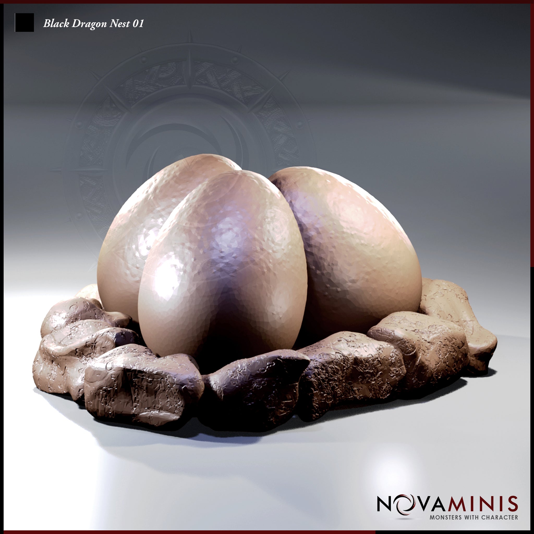 Digital render of a Black Dragon Nest miniature by Novaminis, showing three large pearlescent dragon eggs clustered together in a rough nest of dark stone and bone debris, viewed from a three-quarter angle