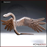 Digital render of Flying Snake 02 miniature by Novaminis — winged serpent in a long gliding pose with wings fully extended horizontally, neck arched forward, individual primary feathers and belly scales clearly defined, unpainted clay render