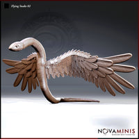 Digital render of Flying Snake 02 miniature by Novaminis — winged serpent in a long gliding pose with wings fully extended horizontally, neck arched forward, individual primary feathers and belly scales clearly defined, unpainted clay render