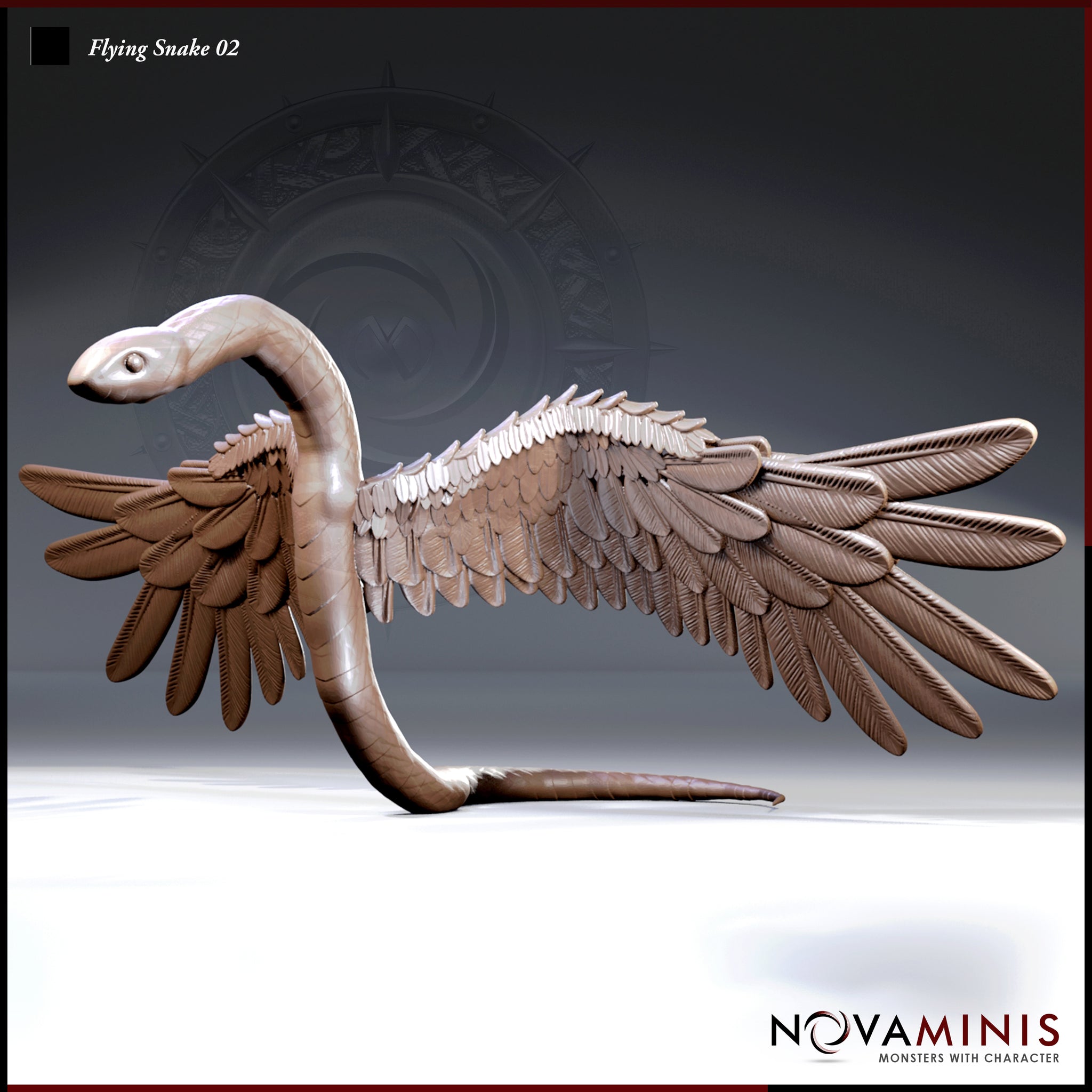 Digital render of Flying Snake 02 miniature by Novaminis — winged serpent in a long gliding pose with wings fully extended horizontally, neck arched forward, individual primary feathers and belly scales clearly defined, unpainted clay render