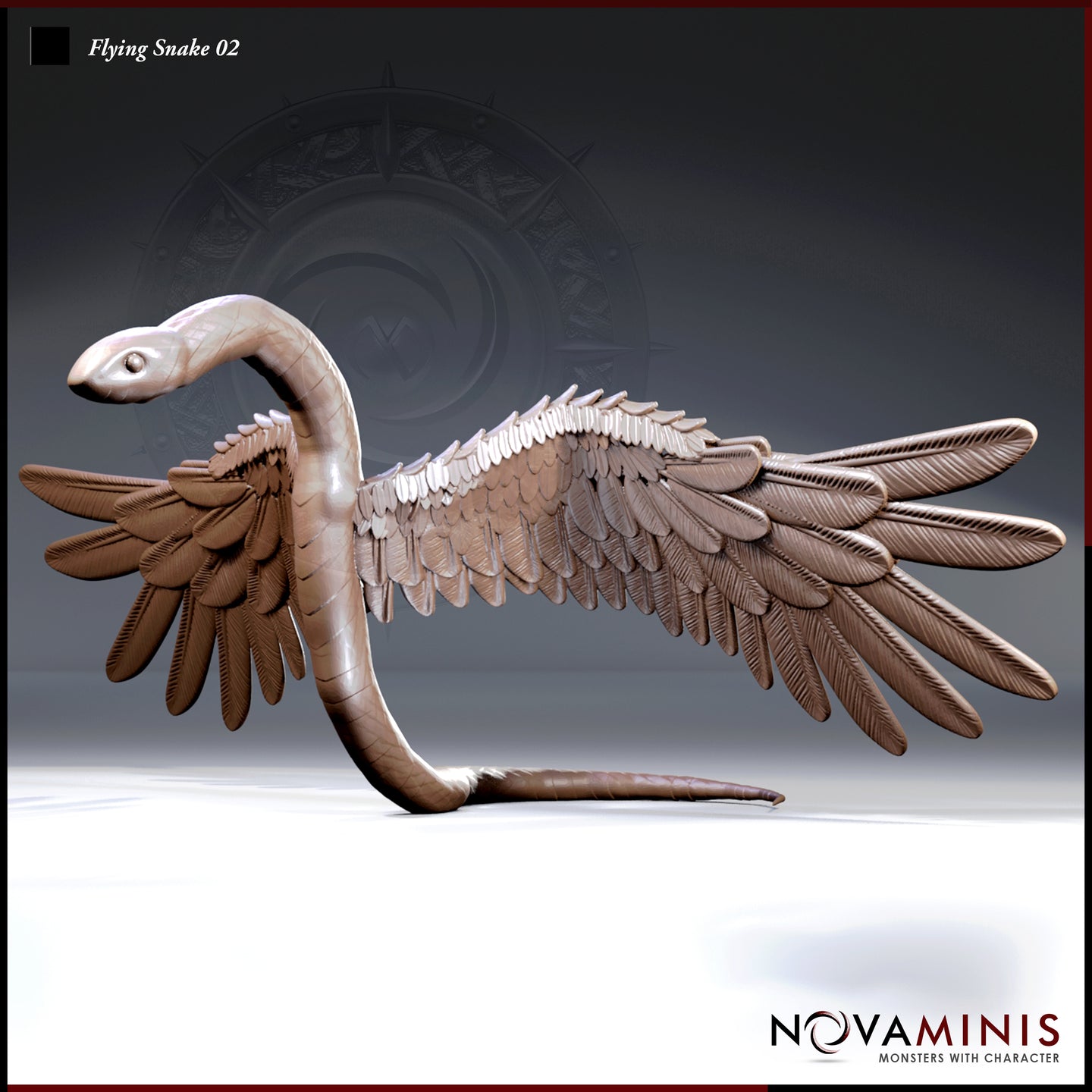 Digital render of Flying Snake 02 miniature by Novaminis — a winged serpent in a low landing pose with wings spread wide and swept back, sinuous neck arched upward, smooth scaled body contrasting with detailed layered feathers across both wings, viewed from a three-quarter angle