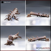 Four-angle digital render of the Fallen Tree 02 terrain pieces by Novaminis — clockwise from top left: close-up of the gnarled stump with splayed roots; side profile of the thorned log; low-angle view of the log showing growth rings on the cut face beside the stump; full side view showing thorns along the top and sides of the trunk