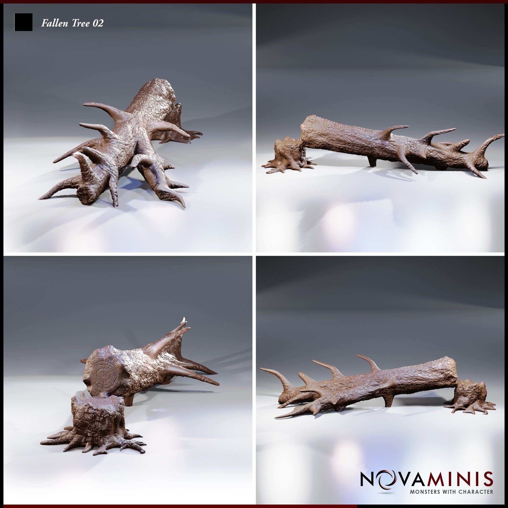 Four-angle digital render of the Fallen Tree 02 terrain pieces by Novaminis — clockwise from top left: close-up of the gnarled stump with splayed roots; side profile of the thorned log; low-angle view of the log showing growth rings on the cut face beside the stump; full side view showing thorns along the top and sides of the trunk
