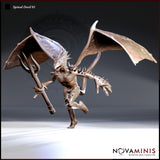 Digital render of Spined Devil 01 miniature by Novaminis — a winged devil with barbed spines across its body, one leg raised mid-stride, holding a long trident. Unpainted sculpt shown from a three-quarter front angle at 32mm scale.