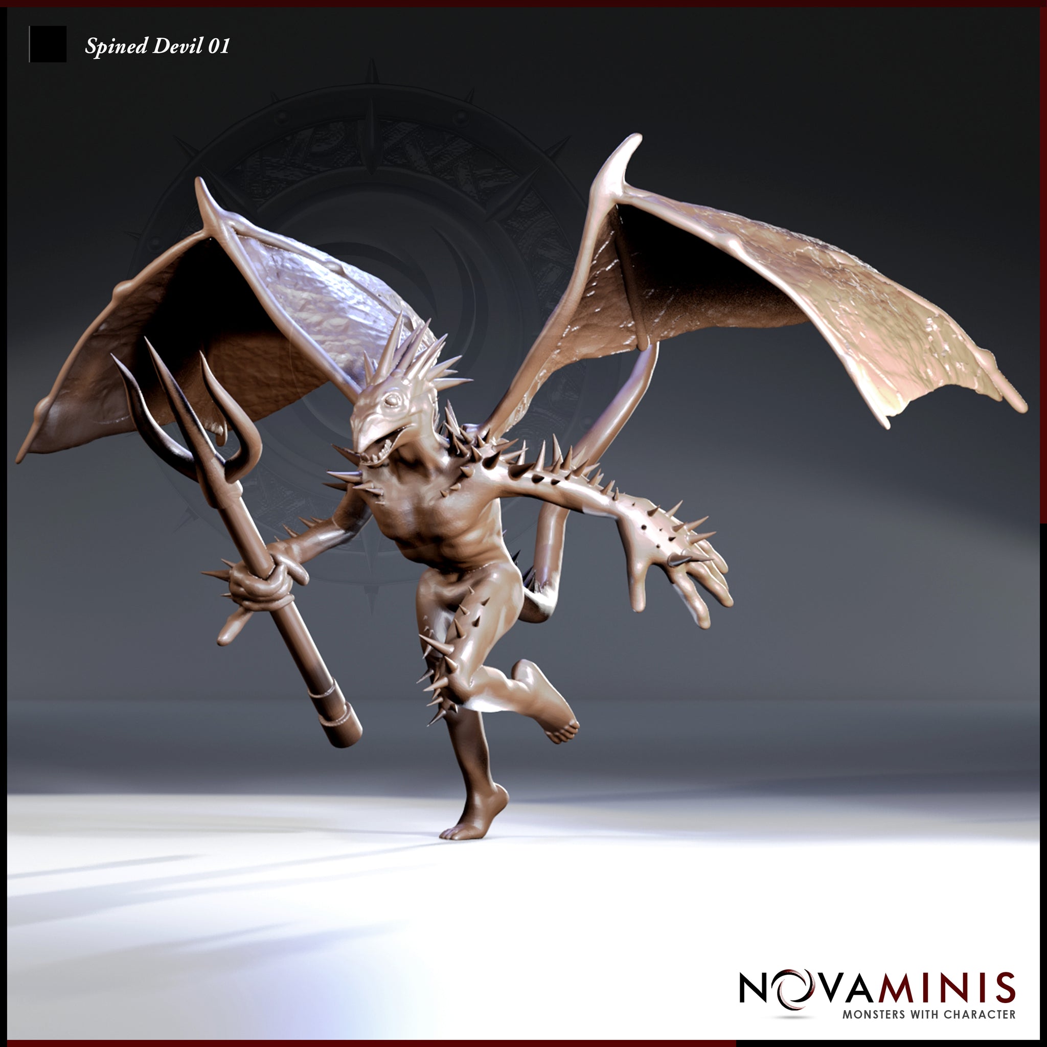 Digital render of Spined Devil 01 miniature by Novaminis — a winged devil with barbed spines across its body, one leg raised mid-stride, holding a long trident. Unpainted sculpt shown from a three-quarter front angle at 32mm scale.